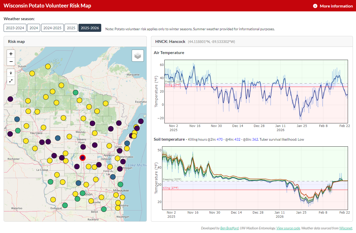 screenshot of the potato volunteer risk map tool