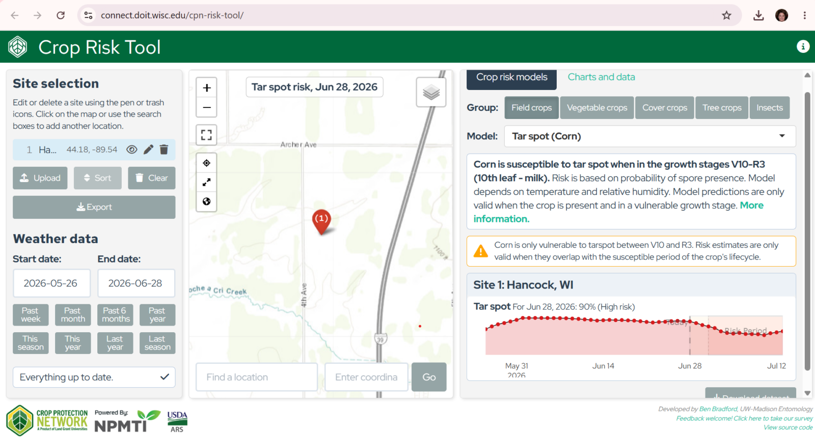 screenshot of the crop risk tool app